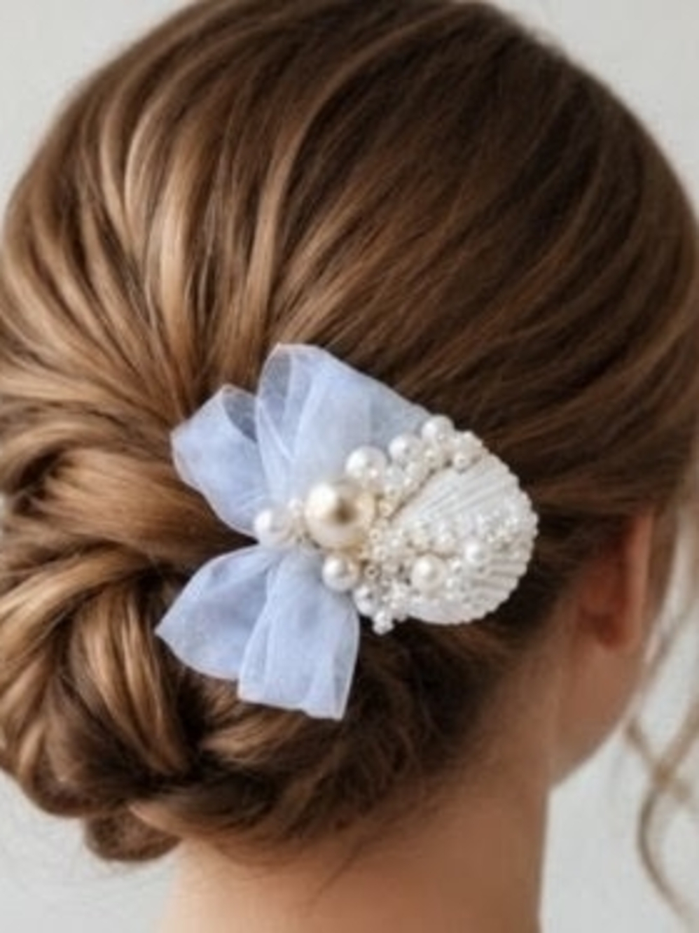 Pearl Seashell Bridal Hair Clip with Sheer Organza Bow